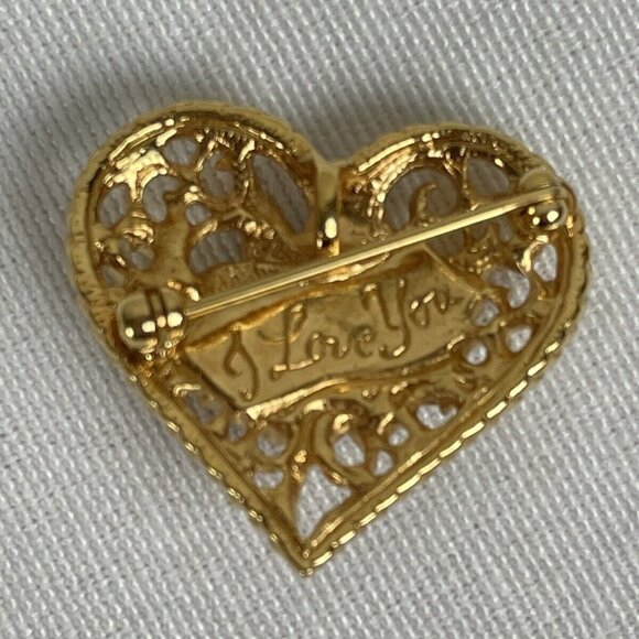 Floral Heart Brooch I Love You Rhinestone Enamel Flower Gold Tone Pin Pendant - Picture 2 of 5